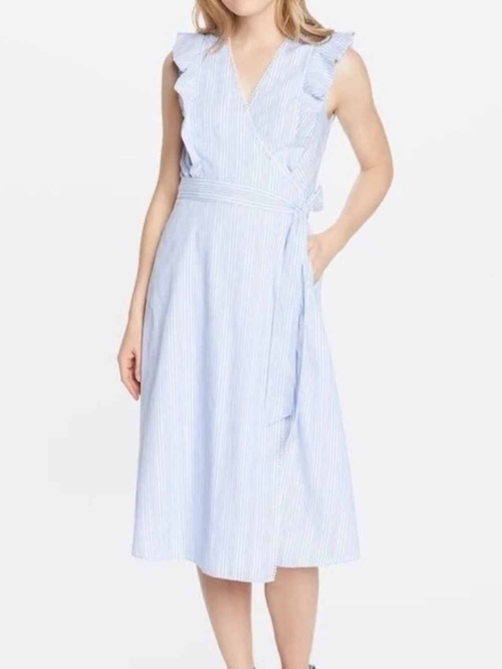 Draper James Light Blue & White Striped Ruffle Wrap Midi Dress